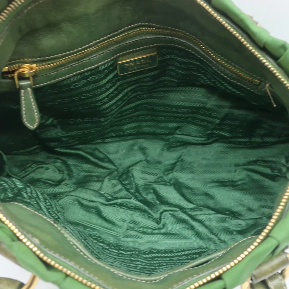 Prada Tessuto Gaufre Braided Handle Satchel Green Nylon Medium Crossbody Bag - Picture 10 of 12